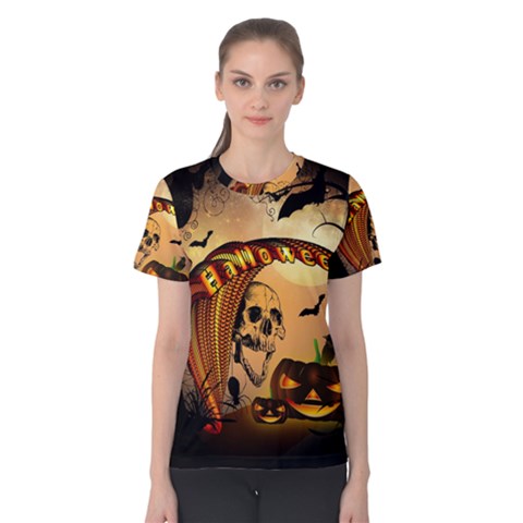 Halloween, Funny Pumpkin With Skull And Spider In The Night Women s Cotton Tee by FantasyWorld7