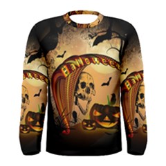 Halloween, Funny Pumpkin With Skull And Spider In The Night Men s Long Sleeve Tee by FantasyWorld7