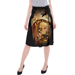 Halloween, Funny Pumpkin With Skull And Spider In The Night Midi Beach Skirt by FantasyWorld7