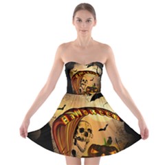 Halloween, Funny Pumpkin With Skull And Spider In The Night Strapless Dresses by FantasyWorld7