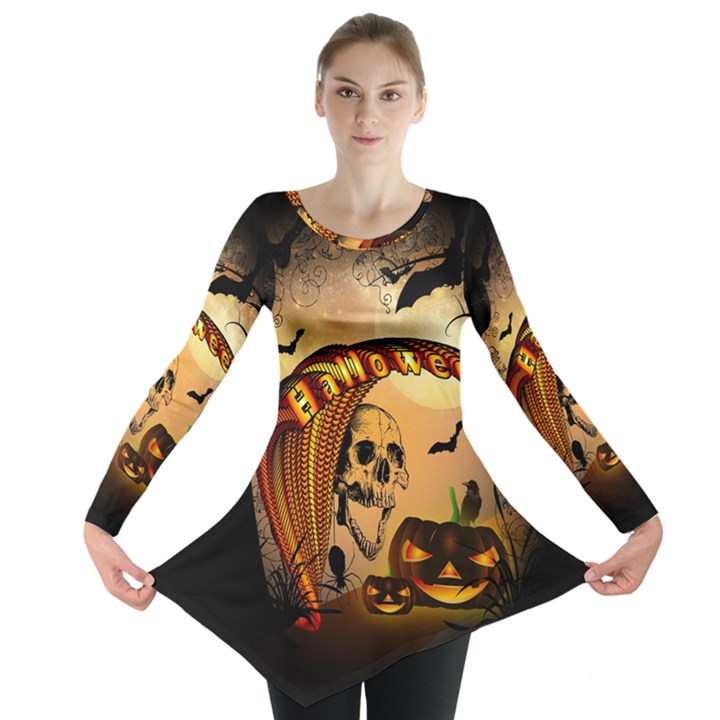 Halloween, Funny Pumpkin With Skull And Spider In The Night Long Sleeve Tunic 