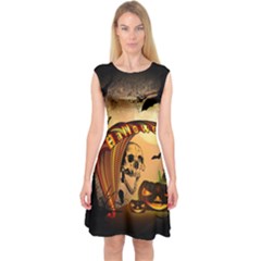 Halloween, Funny Pumpkin With Skull And Spider In The Night Capsleeve Midi Dress by FantasyWorld7