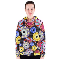 Colorful Retro Circular Pattern Women s Zipper Hoodie by DanaeStudio