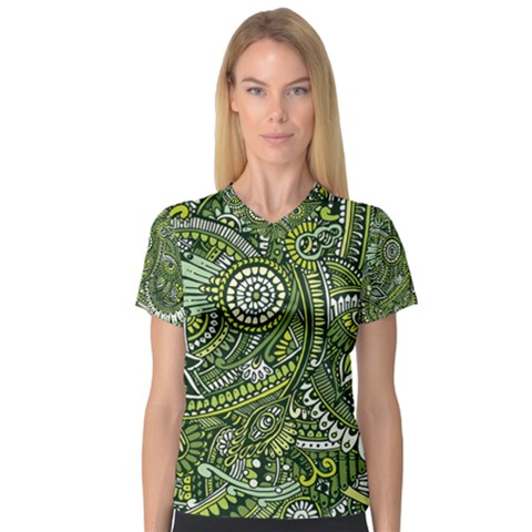 Green Boho Flower Pattern Zz0105  Women s V-neck Sport Mesh Tee by Zandiepants