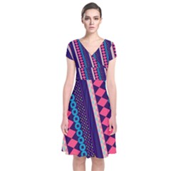 Purple And Pink Retro Geometric Pattern Short Sleeve Front Wrap Dress by DanaeStudio