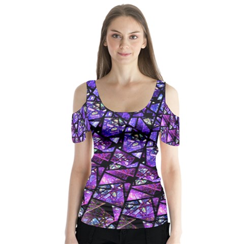  Blue Purple Shattered Glass Butterfly Sleeve Cutout Tee  by KirstenStar