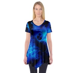 Blue Universe Fractal Pattern Short Sleeve Tunic  by traceyleeartdesigns