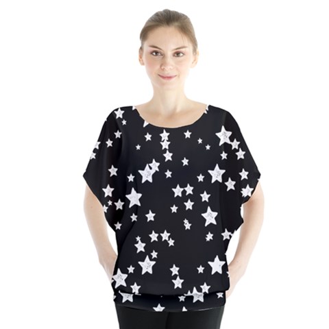 Black And White Starry Pattern Batwing Chiffon Blouse by DanaeStudio