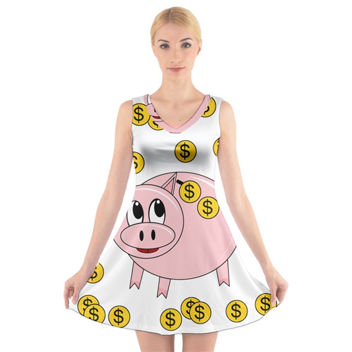 Piggy bank  V-Neck Sleeveless Skater Dress