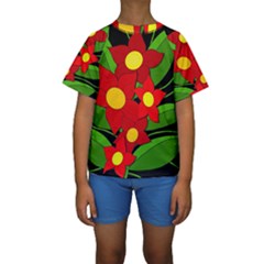 Red Flowers Kid s Short Sleeve Swimwear