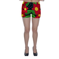 Red Flowers Skinny Shorts by Valentinaart