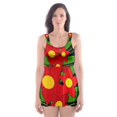 Red Flowers Skater Dress Swimsuit