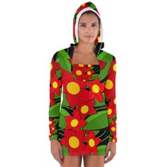 Red Flowers Women s Long Sleeve Hooded T-shirt