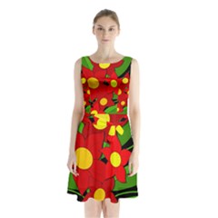 Red Flowers Sleeveless Chiffon Waist Tie Dress