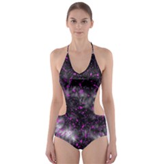 Black, Pink And Purple Splatter Pattern Cut-out One Piece Swimsuit