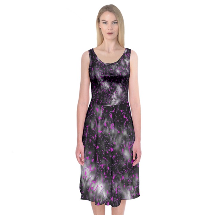 Black, Pink And Purple Splatter Pattern Midi Sleeveless Dress