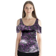 Black, Pink And Purple Splatter Pattern Butterfly Sleeve Cutout Tee 