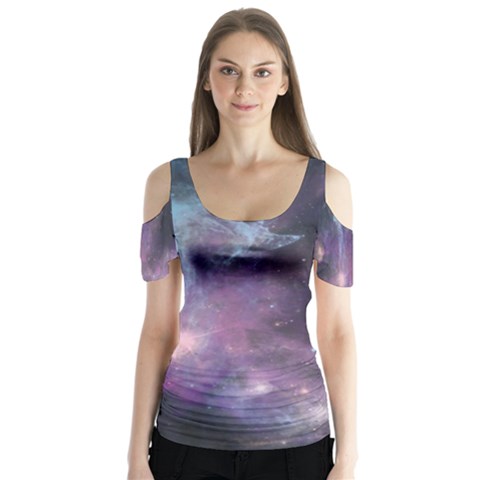 Blue Galaxy Butterfly Sleeve Cutout Tee  by DanaeStudio