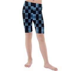 Black And Blue Checkboard Print Kid s Mid Length Swim Shorts