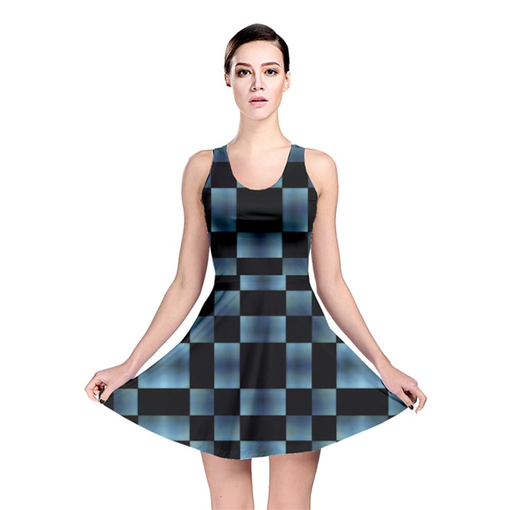 Black and Blue Checkboard Print Reversible Skater Dress