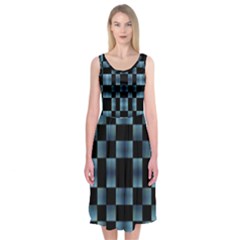 Black And Blue Checkboard Print Midi Sleeveless Dress