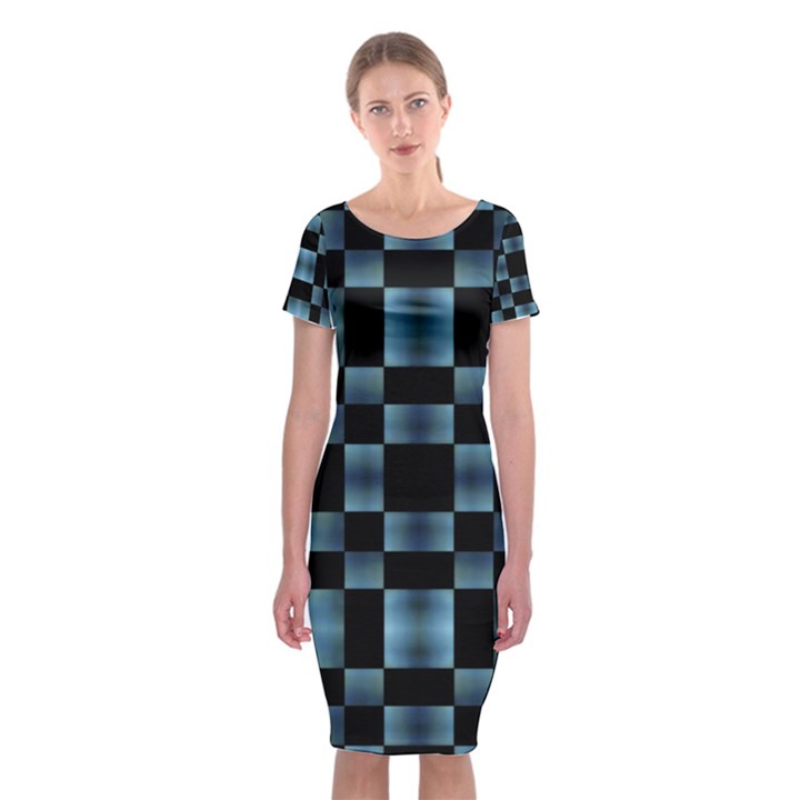 Black and Blue Checkboard Print Classic Short Sleeve Midi Dress