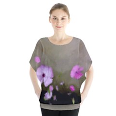 Painted Purple Flowers Batwing Chiffon Blouse