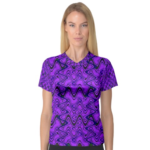 Purple Wavey Squiggles Women s V-neck Sport Mesh Tee by BrightVibesDesign