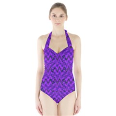 Purple Wavey Squiggles Halter Swimsuit by BrightVibesDesign