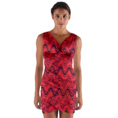 Red Wavey Squiggles Wrap Front Bodycon Dress