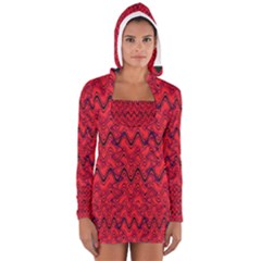 Red Wavey Squiggles Women s Long Sleeve Hooded T-shirt by BrightVibesDesign