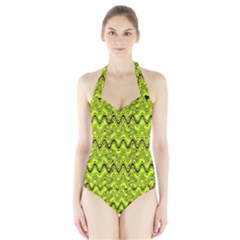 Yellow Wavey Squiggles Halter Swimsuit by BrightVibesDesign