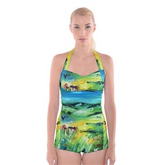 Abstract Landscape Boyleg Halter Swimsuit 