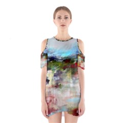 Red Abstract Landscape Cutout Shoulder Dress