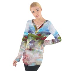 Red Abstract Landscape Women s Tie Up Tee