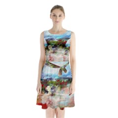 Red Abstract Landscape Sleeveless Chiffon Waist Tie Dress