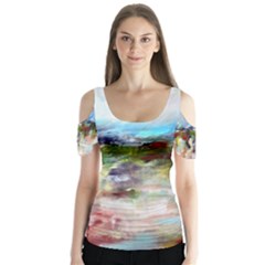 Red Abstract Landscape Butterfly Sleeve Cutout Tee 