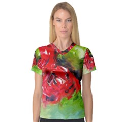 Floral  Red On Green Women s V-neck Sport Mesh Tee