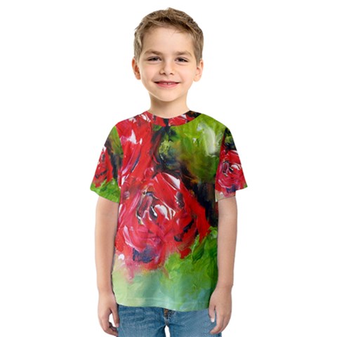 Floral  Red On Green Kid s Sport Mesh Tee by artistpixi