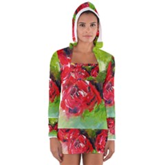 Floral  Red On Green Women s Long Sleeve Hooded T-shirt by artistpixi