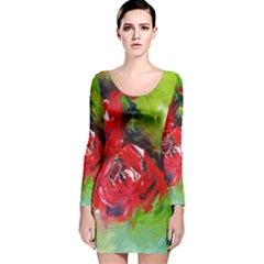 Floral  Red On Green Long Sleeve Velvet Bodycon Dress