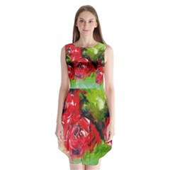 Floral  Red On Green Sleeveless Chiffon Dress  