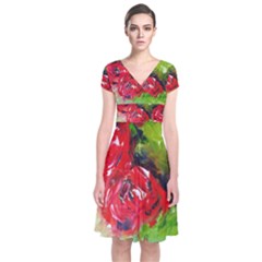 Floral  Red On Green Short Sleeve Front Wrap Dress