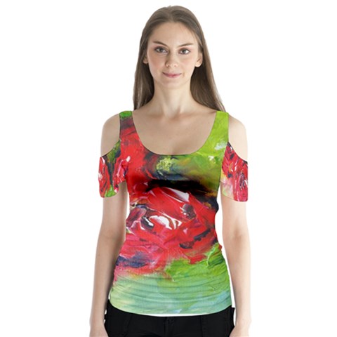 Floral  Red On Green Butterfly Sleeve Cutout Tee  by artistpixi