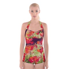 Abstract Poppys  Boyleg Halter Swimsuit 