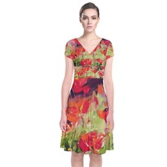 Abstract Poppys  Short Sleeve Front Wrap Dress