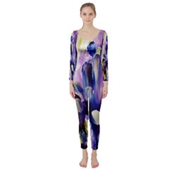 Purple Abstract Print  Long Sleeve Catsuit