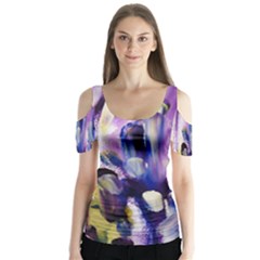 Purple Abstract Print  Butterfly Sleeve Cutout Tee 