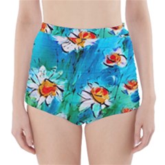 Abstract Daisys Floral Print  High-waisted Bikini Bottoms