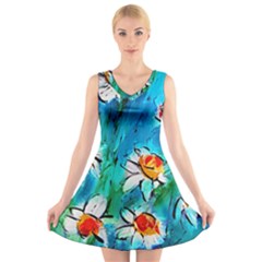 Abstract Daisys Floral Print  V-neck Sleeveless Skater Dress